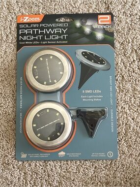 i-Zoom Solar Powered Pathway Night Light 2-Pack New Sealed Stainless Steel
